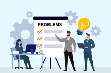 Business team solving workplace problems with checklist presentation, teamwork collaboration, process optimization, creative idea lightbulb, planning and analysis, Problem Identification