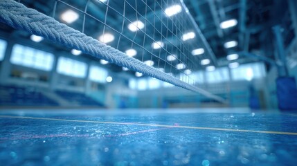 a detailed close up view of a volleyball net s rope and the blurred background of an indoor sports arena provides a sense of action