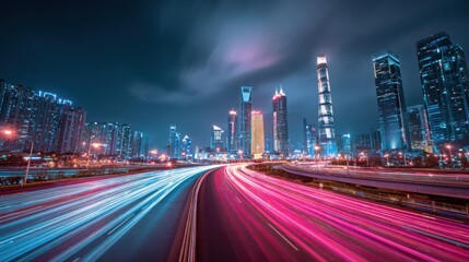 a captivating nighttime view of a modern cityscape with illuminated skyscrapers and a busy highway showcasing long exposure light trails high quality professional detailed elegant stylish