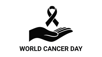 World Cancer Day awareness concept with black ribbon on caring hand symbol representing hope, support, solidarity and global fight against cancer