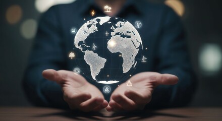 Hands holding a glowing globe with energy icons