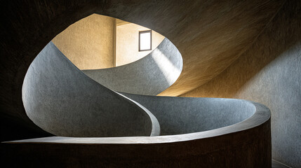 Top view of industrial metal spiral staircase in atrium, featuring strong radial lines and soft daylight patches, creating an austere, architectural, and geometric composition