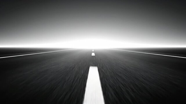 Dramatic monochromatic view of an empty asphalt road blurring forward toward an intense, glowing horizon.