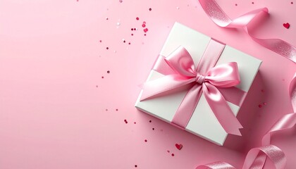 Top view photo of st valentine's day decorations white gift box with bow pink curly ribbon and sequins on isolated pastel pink background with copyspace