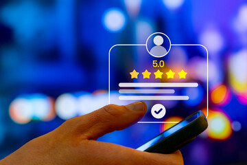 Customer Giving Five Star Review Rating On Smartphone, Testimonial Building Company Reputation, Better SEO Visibility And Profit As High Rating Attract More Buyers Online
