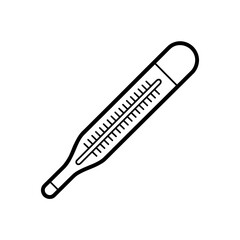 Black and white line art drawing of a classic medical thermometer for measuring body temperature.