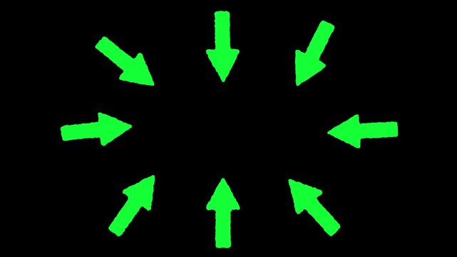 A circular arrangement of rough, hand-drawn neon green arrows pointing inwards towards a central focal point on a black background, symbolizing focus and convergence.