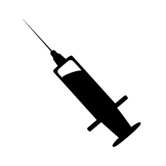 Black silhouette of a medical syringe with a sharp needle, filled with liquid, used for injections and vaccinations.