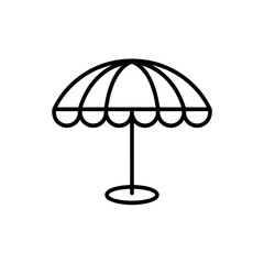 Simple line art illustration of a beach umbrella with a scalloped edge, standing on a base, perfect for summer vacation and outdoor relaxation.