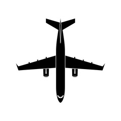Top-down view of a black airplane silhouette, a simple graphic icon representing air travel and aviation.