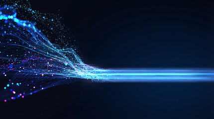 Dynamic flow of digital particles and glowing waves moving through a dark background symbolizing high speed data transfer and artificial intelligence processing power