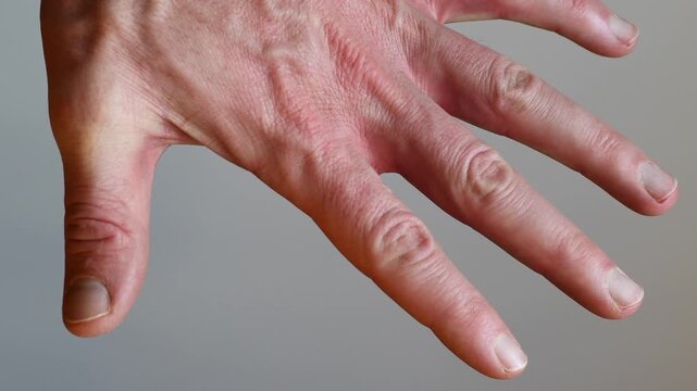 Close up of man hand showing skin texture and fingers movement; anatomy of human body on neutral background. Dermatology healthcare and medical concept. Detailed view of male hand and palm details.