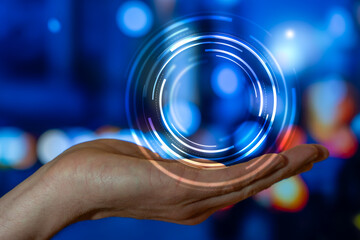 Hand Holding Futuristic Hologram Interface In Night City Bokeh, Digital Scan Circle UI For Data Security, AI Automation, Cloud Computing And Smart Business Workflow Innovation