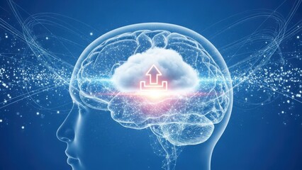 Human brain with cloud and arrow sign inside head