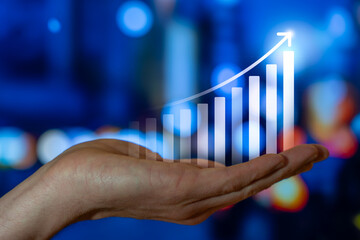 Business Growth And Profit Chart Showing Revenue Increase, Finance Analytics And Investment Success With Rising Bar Graph In Hand, Performance Metrics For Strategy Planning