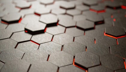 Abstract Hexagonal Pattern with Red Glowing Edges - Modern Technology Background.