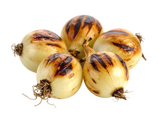 Grilled onions, five bulbs, with charred exteriors and translucent flesh
