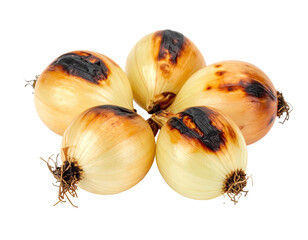 Close-up of roasted onions arranged in a star pattern. Some are burnt on the exterior