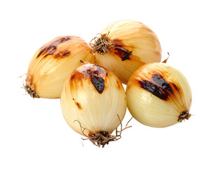 Close-up of four caramelized onions, golden brown with slight charring, isolated on black