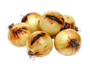 A cluster of roasted onions on a transparent background, showing char and texture