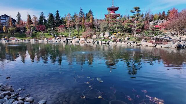 Japanese garden in Krasnodar Galitsky park. Traditional asian park with pond - Krasnodar, Russia, November 4, 2025