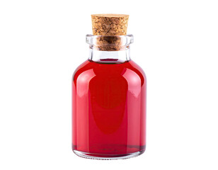 Small glass bottle, filled with red liquid, closed with a cork, on a black background
