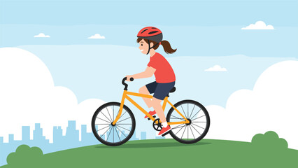 Fototapeta premium Happy girl wearing a safety helmet while riding a yellow bicycle on a grassy hill with a city skyline view under a blue sky.