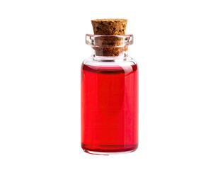 Small glass vial, filled with a vibrant red liquid, sealed with a cork stopper
