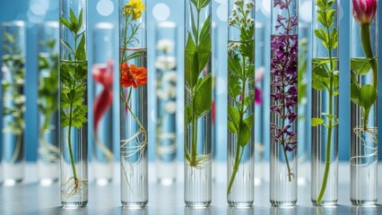 Various flowers and plants grown in test tubes with water in laboratory