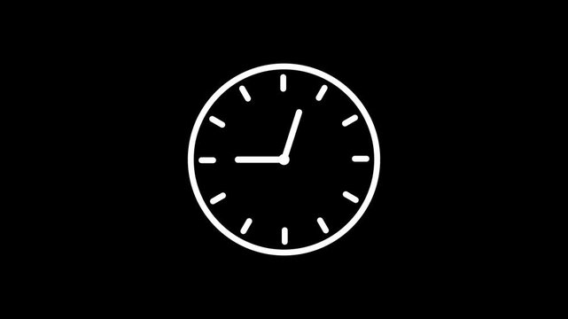 Minimalist white line art analog clock animation on a black background showing nine o'clock for time management productivity and business scheduling concepts in video.
