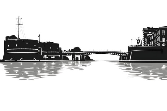 Taranto skyline silhouette with Ponte Girevole and Castello Aragonese, minimalist canal view
