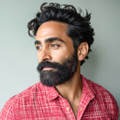Obraz premium A man with tousled hair and a thick beard poses thoughtfully, wearing a red patterned shirt against a simple background.