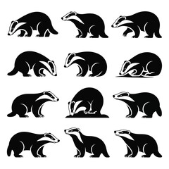 Fototapeta premium Collection of badger silhouettes isolated on white background, Vector, illustration