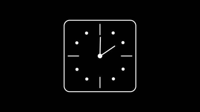 Minimalist square analog clock animation on black background showing exactly two o'clock for business time management productivity and corporate schedule organization video concepts.
