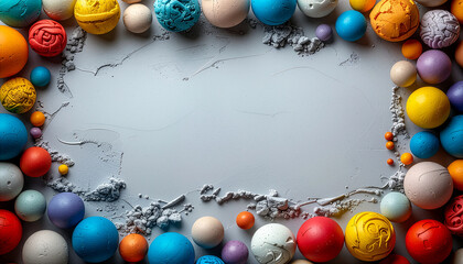 Colorful plasticine balls frame on grey textured background with copy space