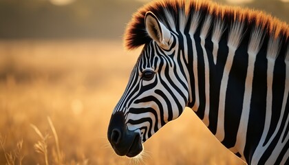 Zebra head in profile against sunlit golden field. Black and white stripes detail. Animal mane glows with warm light. Focus on natural pattern and wildlife.