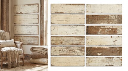 Weathered wooden planks with peeling paint in rustic interior design