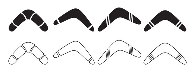 Collection of Australian Boomerang Icons in Solid and Outline Styles, Traditional Aboriginal Hunting and Sport Equipment Silhouettes
