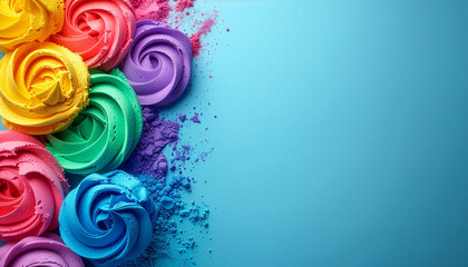 Vibrant plasticine roses on blue background with copy space