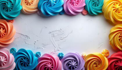 Colorful plasticine flowers frame on white textured background