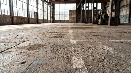 Cracked concrete floor in an abandoned industrial warehouse interior