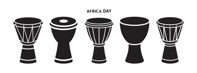 Africa Day Celebration Icons Set Featuring Traditional Djembe Drum Silhouettes, Cultural Musical Instrument Graphics for African Heritage Events
