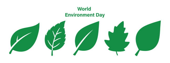 World Environment Day Vector Icon Set with Green Leaf Silhouettes, Eco Friendly Symbols for Sustainability and Nature Conservation Concepts