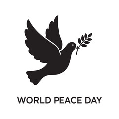 World Peace Day Silhouette of a Flying Dove with Olive Branch Symbol, International Concept for Harmony and Non-Violence