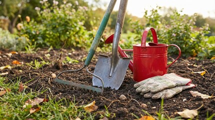 Garden tools with red watering can and gloves on soil in sunlight  