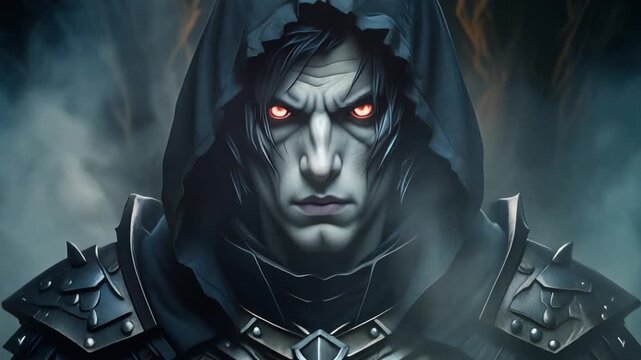 Shadowy Fantasy Rogue with Pale Skin Glowing Red Eyes and Dark Hooded Armor in Cinematic Misty Environment