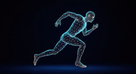 Luminous wireframe human figure in a running pose