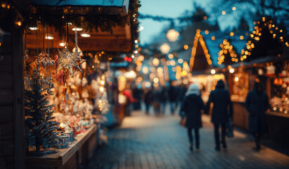 Holiday market filled with decorations and people strolling in the evening light during the festive season