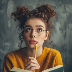 The student girl looks thoughtful with a book in her hands, expresses concentration while doing homework.