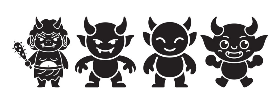 Japanese Folklore Oni Demon Silhouettes Set, Traditional Mythical Creatures with Horns and Club for Setsubun Festival and Culture